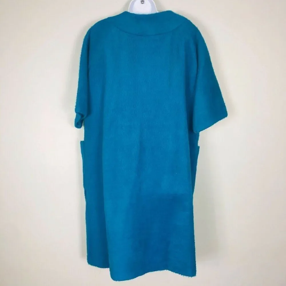 Vintage 50s 60s La Mar Frocks Robe Teal Blue Bathrobe Floral Womens L Faux Fur